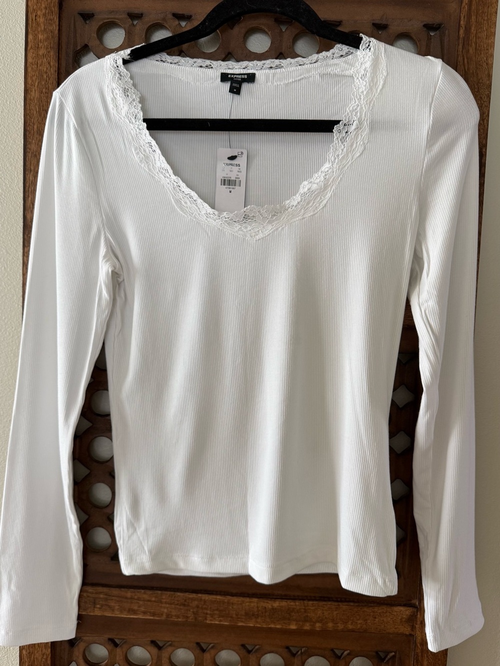 Express White Lace-Trim Ribbed Long Sleeve Top NWT